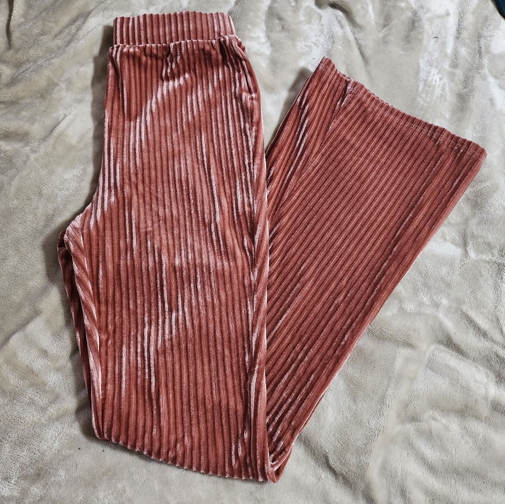 Shein Pink Velvet Bell Bottom High Waisted Pants
